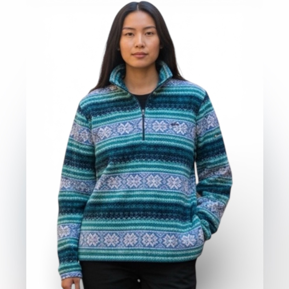 L.L. Bean 1/4 Zip Pullover Fleece Blue Green Pattern Womens Size Large Winter